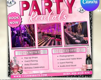 Flyer feestverhuur, flyer evenementenbenodigdheden, flyer verhuur evenementapparatuur, kant-en-klare decoratieflyer feestplanning, zakelijk, bewerkbaar canvas