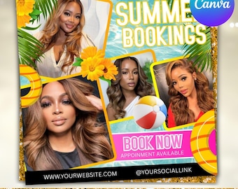Summer Booking Flyer, July Booking Flyer, June Booking Flyer, Summer Sale Flyer, Summer Lash Hair Braids Nails Makeup Wig, Canva Editable