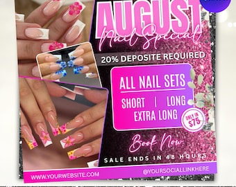 Folleto de ofertas de uñas de agosto, folleto de reservas de agosto, folleto de regreso a clases, especial de uñas, oferta de uñas, citas para uñas, trenzas, Canva editable