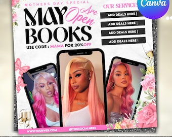 May Booking Flyer, Mothers Day Booking Flyer, May Books open, May Appointment Flyer, Hair Braids Wig Lashes MUA Flyer, Canva Editable