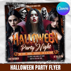 Halloween-Party-Flyer, Halloween-Nachtparty-Flyer, gruseliges Club-Event, Social Media, Party-Flyer, Halloween-Party-Einladung, Canva Editierbar