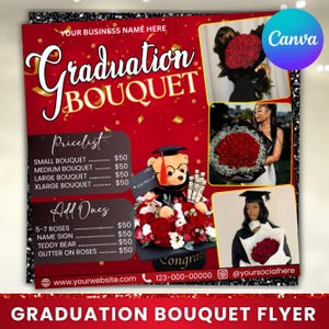 Graduierung Blumenstrauß Flyer, Abschlussball-Buchungen, Blumenstrauß-Flyer, Buchungs-Flyer-Vorlage, Blumenstrauß-Preisliste-Fliege, Floristen-Flyer, Canva bearbeitbar