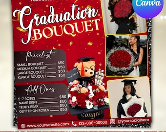 Graduation Bouquet Flyer, Prom Graduation Homecoming Bookings, Flower Bouquet Pricelist Flyer, Florist Pricelist Flyer, Canva Editable
