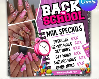 Folleto de uñas para la vuelta al cole, folleto de reservas de agosto, especial de uñas, oferta de uñas, folleto de técnico de uñas, reservas de uñas, citas de uñas, Canva editable