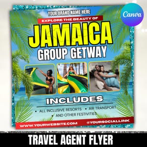 Folleto para agente de viajes, agencia de viajes, folleto comercial, folleto de vacaciones, Jamaica, folleto de viajes digital DIY, folleto para redes sociales, editable en Canva