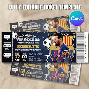 May include: Fully editable ticket template with a soccer theme. The ticket features a photo of a soccer player, a soccer ball, and the text "VIP ACCESS" and "Robert's 09th Birthday Party". The Canva logo is visible.
