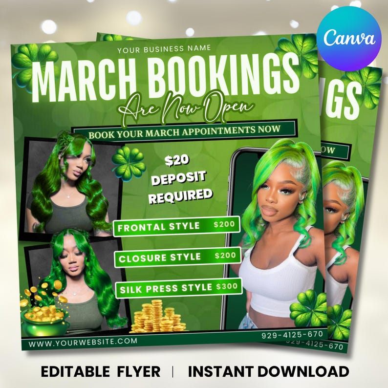 March Booking Flyer, St. Patrick Day Flyer, March Madness Flyer, March Book Now, March Hair, March Braids Lashes Nails Flyer, Canva Editable