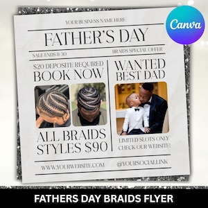 Father's Day Braids Special Flyer, Father's Day Flyer, Summer Appointments Flyer, Barber Deals, Hair, Haircut, Father's Day, Canva Editable
