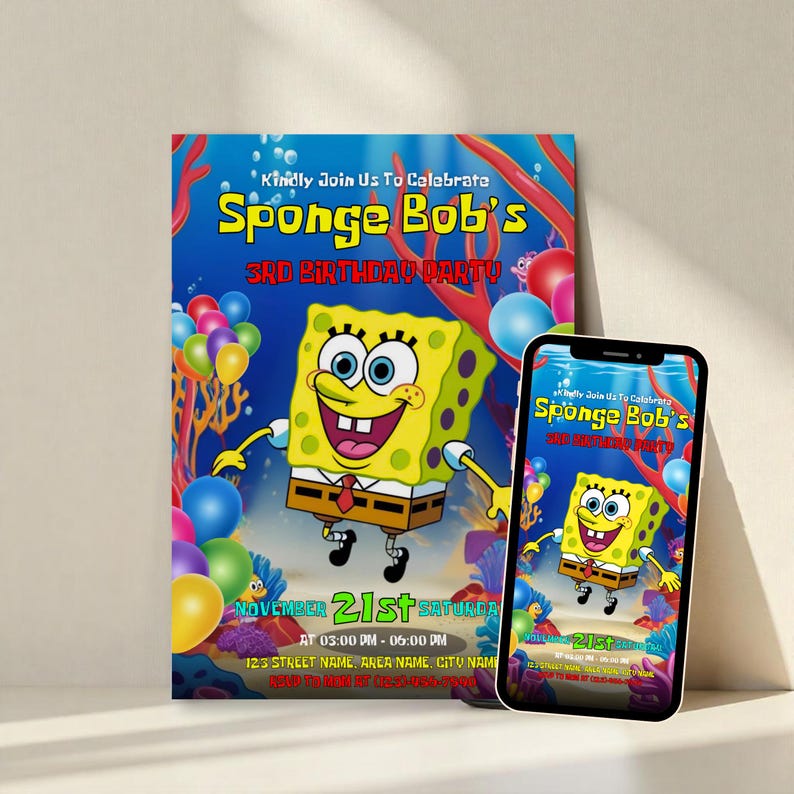 Sponge Cake Birthday Invitation, Cartoon Party Invitation, Sponge Bob Invite, Birthday Party Invitation, Printable Template, Canva Editable