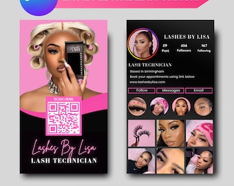 Visitenkarte Vorlage, Instagram Visitenkarte, IG Visitenkarte, Beauty Künstler Zöpfe Haare Nägel Wimpern Perücke MUA, QR Code, Canva Bearbeitbar