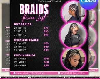 Lista de precios de trenzas, precio de peinados con trenzas, diseño de plantilla de volante DIY, hoja de precios de salón de belleza, lista de precios de pestañas, cabello y uñas, Canva editable