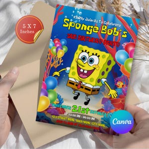 Sponge Cake Birthday Invitation, Cartoon Party Invitation, Sponge Bob Invite, Birthday Party Invitation, Printable Template, Canva Editable