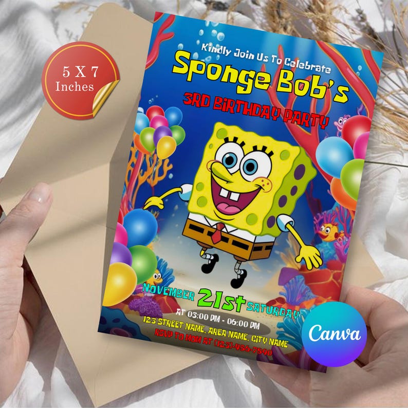 Sponge Cake Birthday Invitation, Cartoon Party Invitation, Sponge Bob Invite, Birthday Party Invitation, Printable Template, Canva Editable