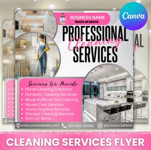 Op de afbeelding: Een flyer voor professionele schoonmaakdiensten. Het ontwerp heeft een roze en wit kleurenschema met de tekst "PROFESSIONAL CLEANING SERVICES" in grote letters. De flyer bevat een lijst met diensten en contactgegevens.