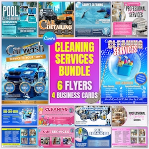 Puede incluir: Un conjunto de folletos y tarjetas de visita que promocionan diversos servicios de limpieza, incluyendo limpieza de piscinas, coches y alfombras. El paquete incluye 6 folletos y 4 tarjetas de visita, centrándose en soluciones de limpieza profesionales.