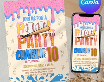 Baseball Drip Birthday Party Invitation, Birthday Invitation, Party Invite, Ice Cream Drip, Instant Download, Kids Birthday, Canva Editable