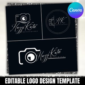 Op de afbeelding: Zwart-wit logo-ontwerpsjablonen voor fotografiebedrijven. De logo's bevatten camera-illustraties en de tekst "Hazzi Katie Photography". De tekst "Editable Logo Design Template" staat onderaan.