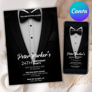 May include: A black and white birthday party invitation with a tuxedo design. The invitation includes the text "YOU ARE INVITED TO JOIN" and details for Peter Parker's 24th birthday party, including the date, time, and location.