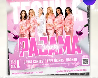 Pajama Party Flyer, Sleepover Event Printable, Sleepover Party, Club Events Flyer, Pink Party Flyer, Birthday Party Flyer, Canva Editable