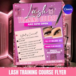 Puede incluir: Un folleto rosa que promociona un curso de formación de pestañas. El folleto incluye texto como "Curso de formación de pestañas" y "¿Qué está cubierto?" con una lista de temas. También presenta imágenes de pestañas y detalles sobre un kit completo y planes de pago.