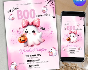 A Little Boo Baby Shower Invitation, Ghost Halloween Baby Shower Invite, Halloween Boy Baby Shower Invite, Cute Ghost Party, Canva Editable