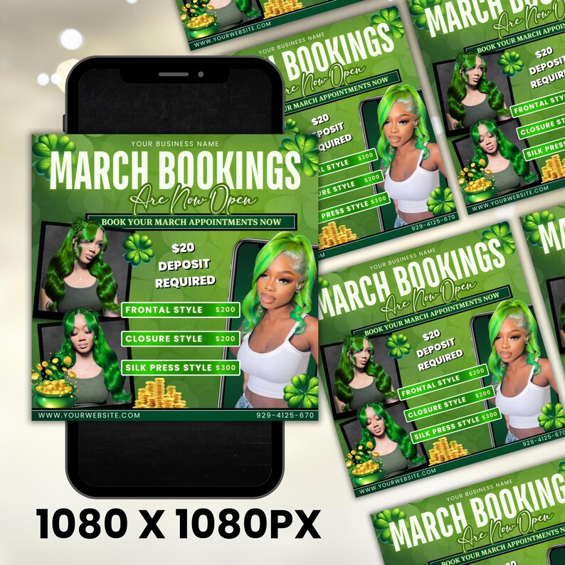 March Booking Flyer, St. Patrick Day Flyer, March Madness Flyer, March Book Now, March Hair, March Braids Lashes Nails Flyer, Canva Editable