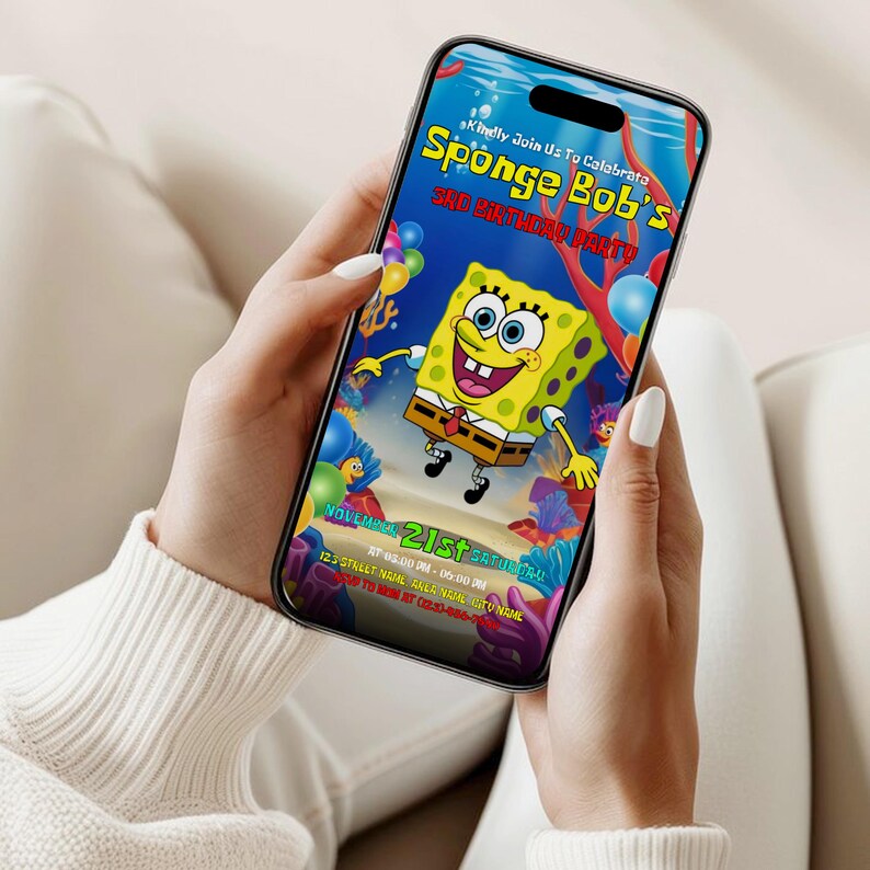 Sponge Cake Birthday Invitation, Cartoon Party Invitation, Sponge Bob Invite, Birthday Party Invitation, Printable Template, Canva Editable