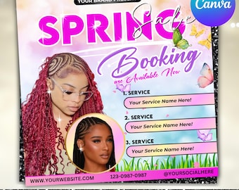 Prospectus de réservation pour les vacances de printemps, Prospectus de réservation de printemps, Prospectus de promotions pour les vacances de printemps, Prospectus spécial printemps, Tresses de maquillage pour les ongles et les cils, Toile modifiable