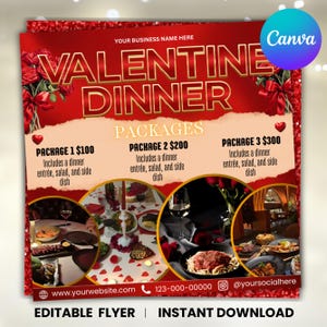 Valentine Dinner Date Flyer, Dinner Menu Flyer, Food Business Flyer, Catering Flyer, Restaurant Cafe Menu Flyer, Reservation, Canva Editable