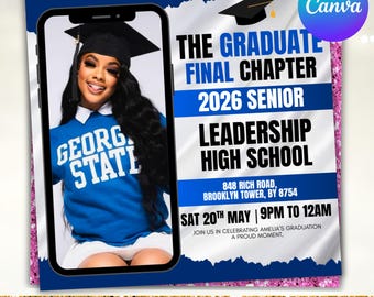 Folleto de graduación, folleto para fiesta de graduación, invitación de graduación, decisión universitaria, folleto de la clase de 2026, anuncio de graduación, Canva editable