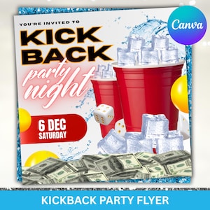 May include: A party flyer with a red cup, ice cubes, dice, and money. The text reads "You're invited to Kick Back Party Night" with the date "6 DEC SATURDAY". The flyer has a blue glitter border and a Canva logo.