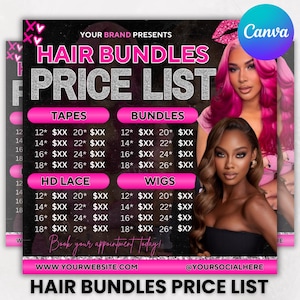 Folleto editable con lista de precios de cabello: Trenzas de pestañas y ofertas de belleza (plantilla de Canva)
