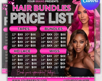 Hair Price List Flyer, Hair Stylist Pricelist Flyer, Hair Bundles Deals Flyer, Lash Braids Wig Nail Flyer, MUA, Social Media, Canva Editable