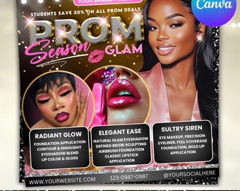 Prom Booking Flyer, Prom Makeup Flyer, Prom Queen MUA Flyer, Prom Lashes Flyer, Beauty Makeup Artist Flyer, Hair Braids Wig, Canva Editable