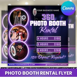 Puede incluir: Folleto morado y negro que anuncia el alquiler de un fotomatón 360. El folleto incluye una lista de precios para 4, 5 y 6 horas de alquiler. El texto "15% Deposit Required!!" también está incluido. El folleto incluye una dirección de sitio web y un identificador de redes sociales.