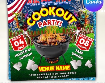 4 juli achtertuin cookout flyer, Independence Day cookout flyer, achtertuin cookout flyer, BBQ-flyer, zomer cookout flyer, canva bewerkbaar