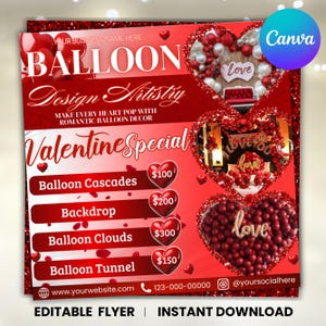 Boekingsflyer voor Valentijn, boekingsflyer februari, decorflyer ballon, ballonbedrijf, decorflyer voor DIY verjaardagsfeestje evenement, canvas bewerkbaar