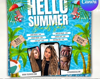 Summer Braids Sale Flyer, July Booking Flyer, June Booking Flyer, Summer Sale Flyer, Braid Prices Flyer, Braids Sale Flyer, Canva Editable