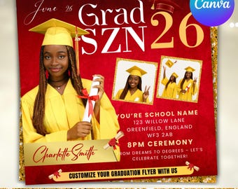 Afgestudeerde flyer, afstudeerfeest flyer, afstudeeruitnodiging, collegebesluit, klasse van 2026 flyer, senior afstudeerder aankondigen, Canva bewerkbaar