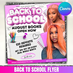 Back To School Flyer, August Booking Flyer, Back To School Sale Flyer, Hair Braids Wig Lash Nail Flyer, Back 2 School Invite, Canva Editable