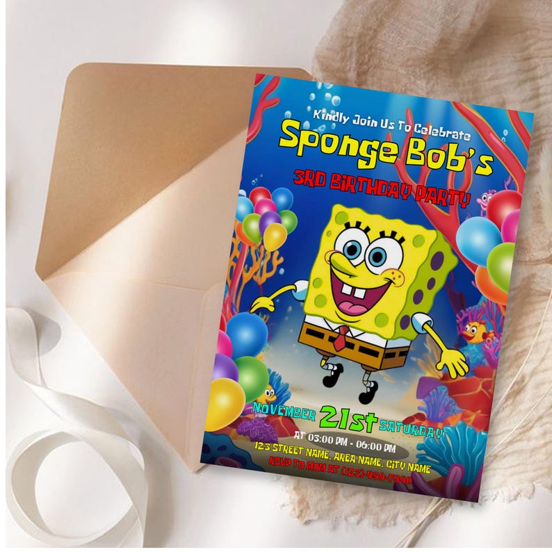Sponge Cake Birthday Invitation, Cartoon Party Invitation, Sponge Bob Invite, Birthday Party Invitation, Printable Template, Canva Editable