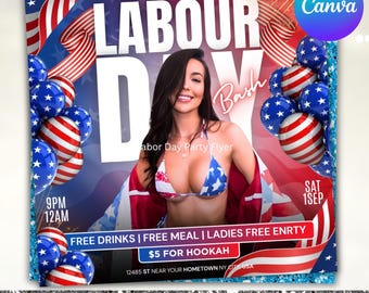 Labor Day Party Flyer, Labour Day Party Invitation, Club Party Flyer, Labor Day Club Flyer, Outdoor Party Flyer, Labour Day, Canva Editable
