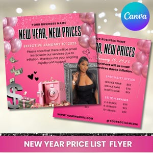 Op de afbeelding: Een roze en witte flyer met de tekst "Nieuwjaar, Nieuwe Prijzen" en een roze kluis. De flyer kondigt nieuwe prijzen aan met ingang van 10 januari 2025. De flyer bevat ook een prijslijst voor speciale haarstijlen en vlechten.