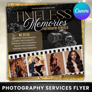 Folleto de servicios de fotografía, folleto de fotógrafo profesional, lista de precios de fotografía, fotógrafo de eventos, fotografía de bodas, Canva editable