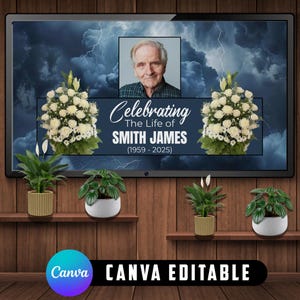May include: A digital memorial display with a portrait of Smith James, framed by white floral arrangements against a stormy sky backdrop. The text reads "Celebrating The Life of Smith James (1959-2025)". Decorative potted plants sit on wooden shelves below.