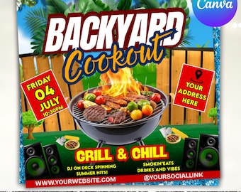 Backyard Cookout Flyer, BBQ Flyer, Summer Cookout Flyer, DIY Design Template, Food Flyer, Social Media Flyer, Party Flyer, Canva Editable