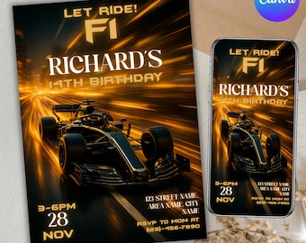 Invito di compleanno a tema auto da corsa, festa a tema auto da corsa, festa di corse, invito a tema auto da corsa sportiva, invito di compleanno per ragazzi, invito di compleanno a tema auto, modificabile con Canva