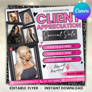 Può includere: Un volantino rosa e nero con il testo "CLIENT APPRECIATION Special Sale". Include foto incorniciate di donne con varie acconciature. Il volantino ha anche sezioni per offerte, un deposito richiesto e una chiamata all'azione.