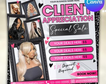 Client Appreciation Flyer Template, Salon & Beauty Template, Beauty Salon, Hair Stylist, Makeup Nails Lash Wig Braids Flyer, Canva Editable