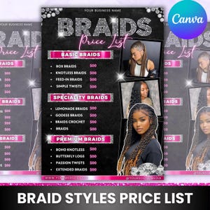 Zöpfe Preisliste, Frisuren Flechten Preis, DIY Flyer Vorlage Design, Beauty Salon Preisblatt, Lash Haar Nägel Preisliste, Canva Bearbeitbar